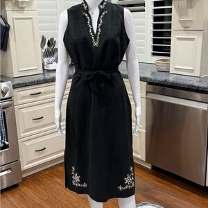 Aldo Trevi 100% Linen Black Embroidered Midi Dress M